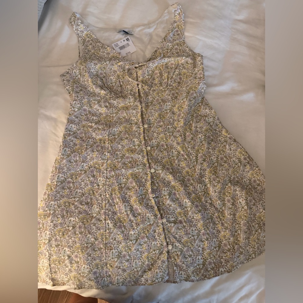 American Eagle NWT Floral Button-Front Sundress in Soft Yellow & Lavender